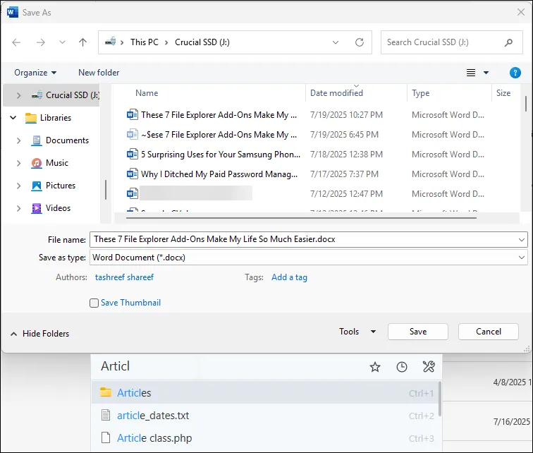 Listary tích hợp tìm kiếm và chuyển thư mục nhanh trong hộp thoại Save As của Microsoft Word
