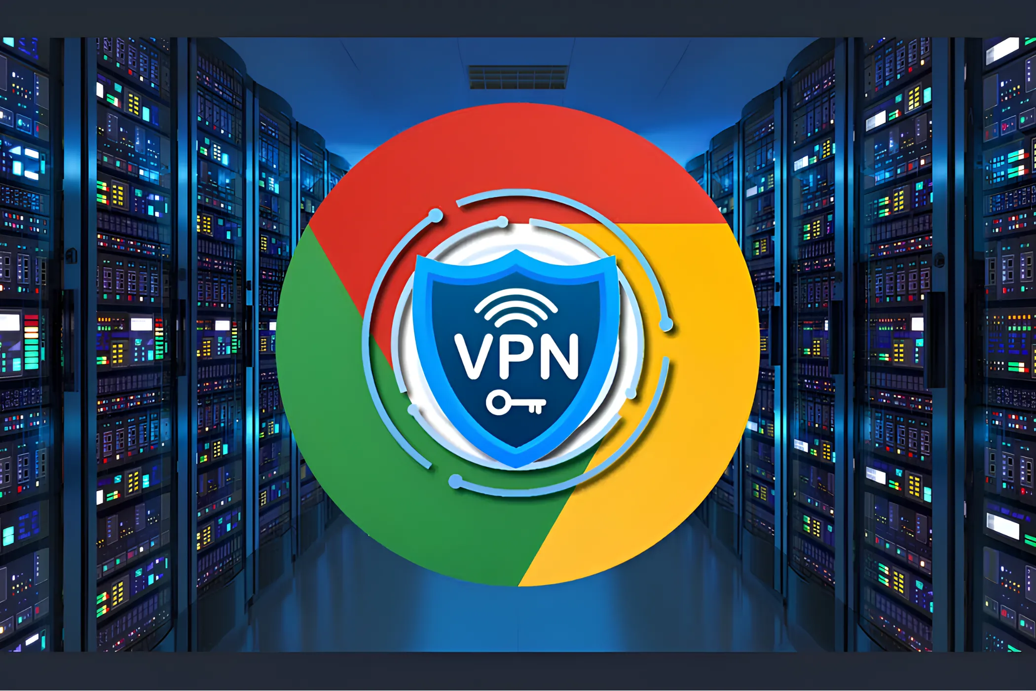 Logo trình duyệt Google Chrome với biểu tượng VPN trên nền phòng máy chủ, minh họa tầm quan trọng của việc kết nối VPN để ẩn địa chỉ IP và bảo mật thông tin khi mua sắm trực tuyến.
