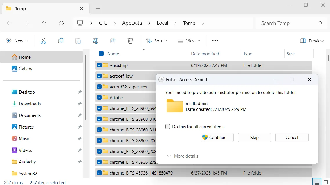 Lời nhắc xóa trong thư mục Temp trên Windows