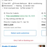 Lựa chọn các loại phòng đa dạng trên ứng dụng Booking.com khi đặt chỗ.