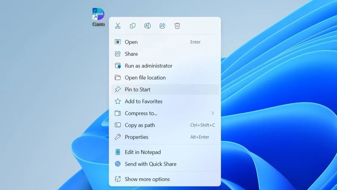 Lựa chọn "Ghim vào Bắt đầu" (Pin to Start) trong menu ngữ cảnh của ứng dụng trên Windows, minh họa cách ghim ứng dụng vào Start Menu để truy cập nhanh.