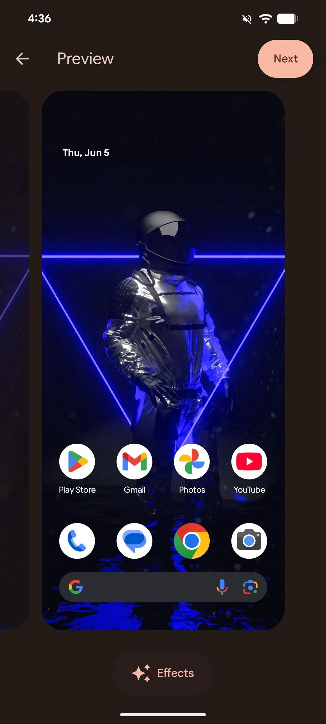 Lựa chọn 'Hiệu ứng' (Effects) trên màn hình xem trước hình nền của Android 16