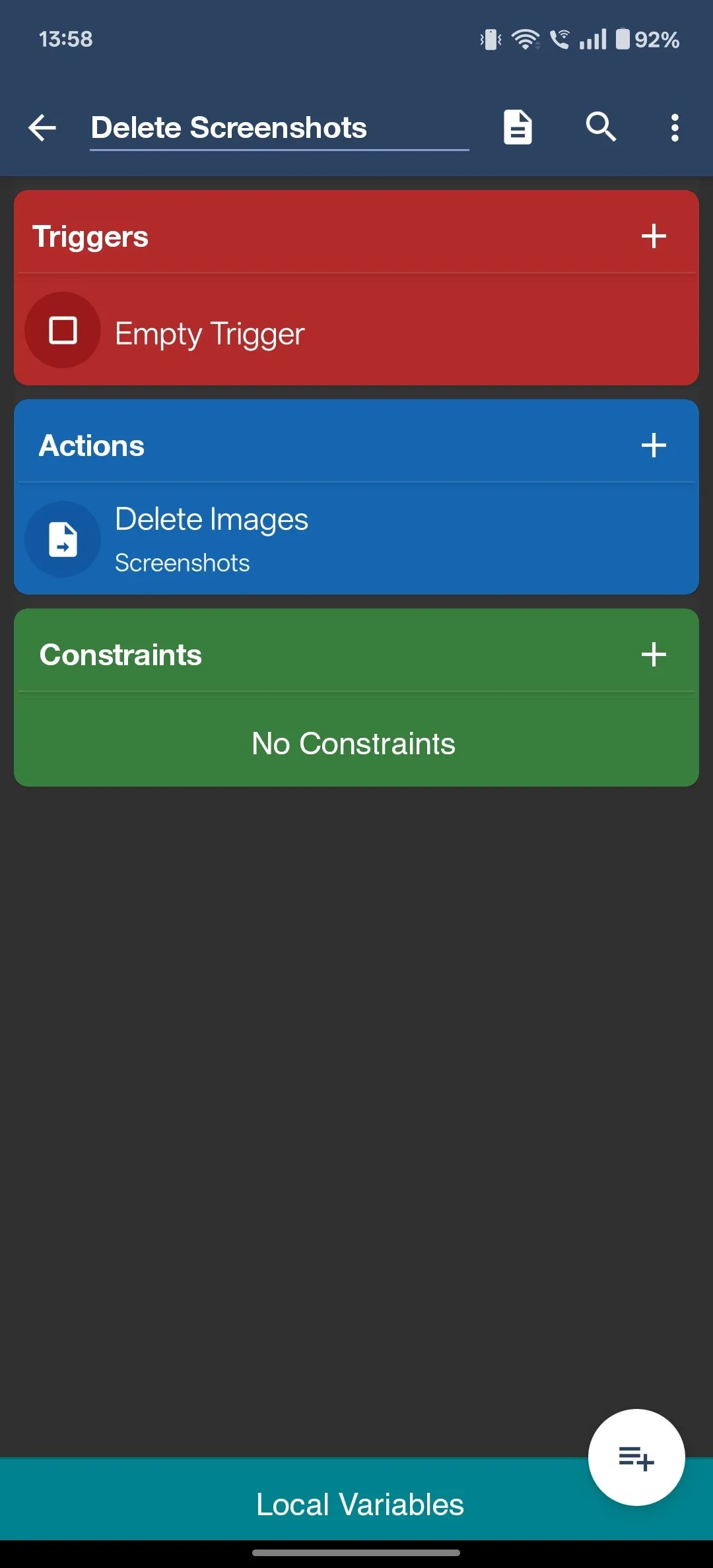 Macro MacroDroid đã được cấu hình với hành động Xóa Ảnh (Delete Images) cho thư mục đã chọn.