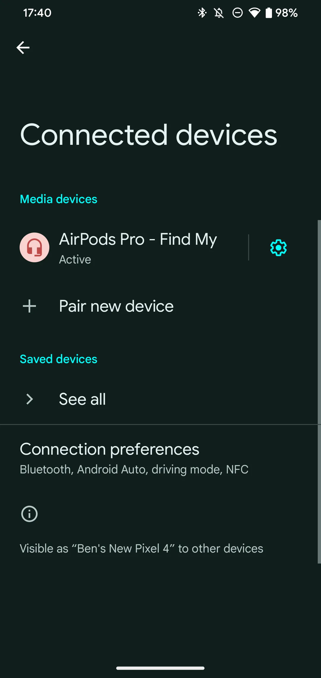 Màn hình Bluetooth của Android hiển thị AirPods đã được ghép nối thành công trong danh sách thiết bị đã kết nối.