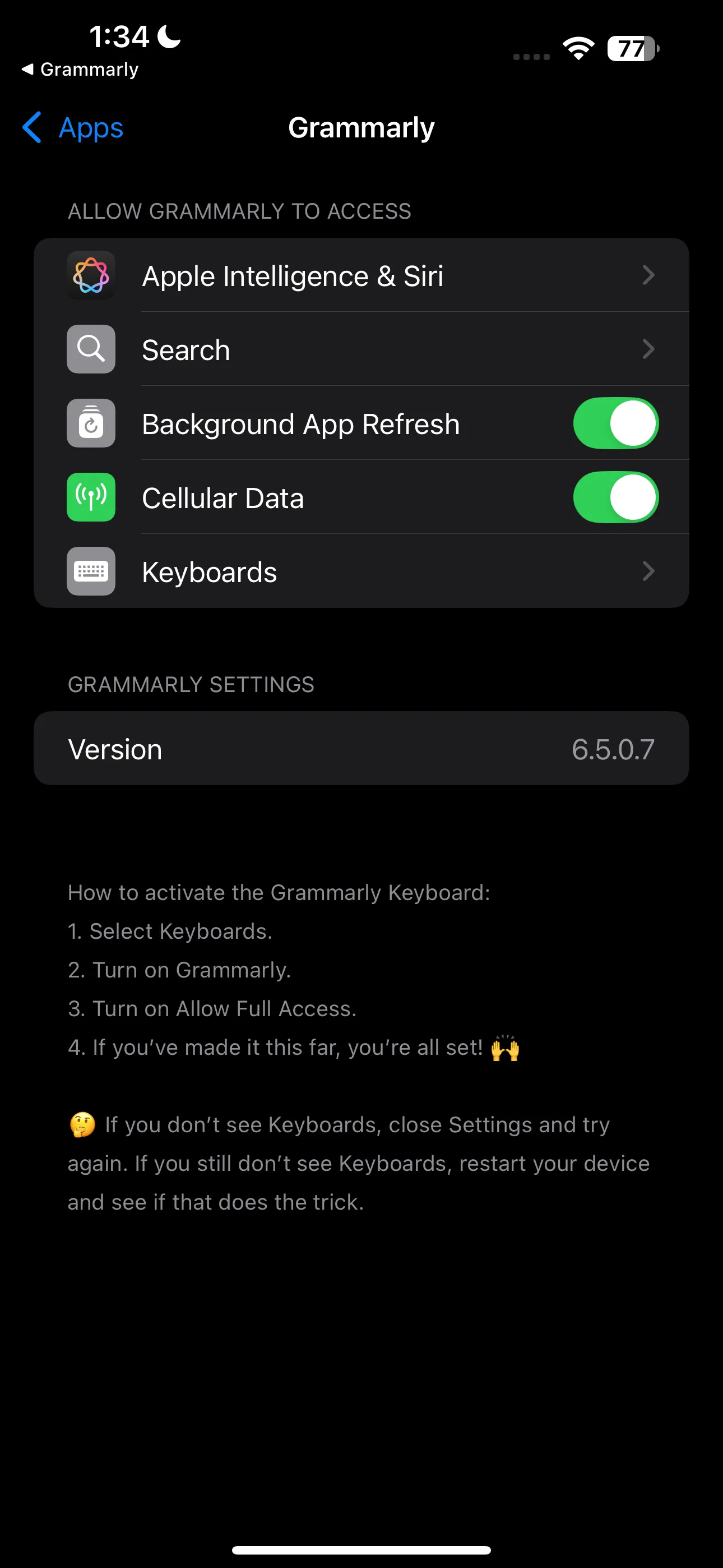 Màn hình cài đặt bàn phím Grammarly trên iPhone, cho phép bật truy cập đầy đủ.