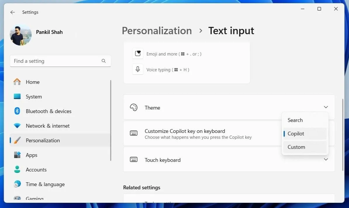 Màn hình cài đặt cho phép tùy chỉnh phím Copilot trên bàn phím trong Windows 11