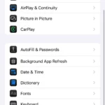 Màn hình cài đặt Chung (General) trong ứng dụng Cài đặt (Settings) của iPhone, hiển thị tùy chọn Từ điển (Dictionary).