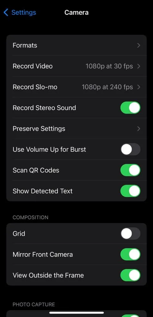 Màn hình cài đặt Định dạng Camera trên iPhone
