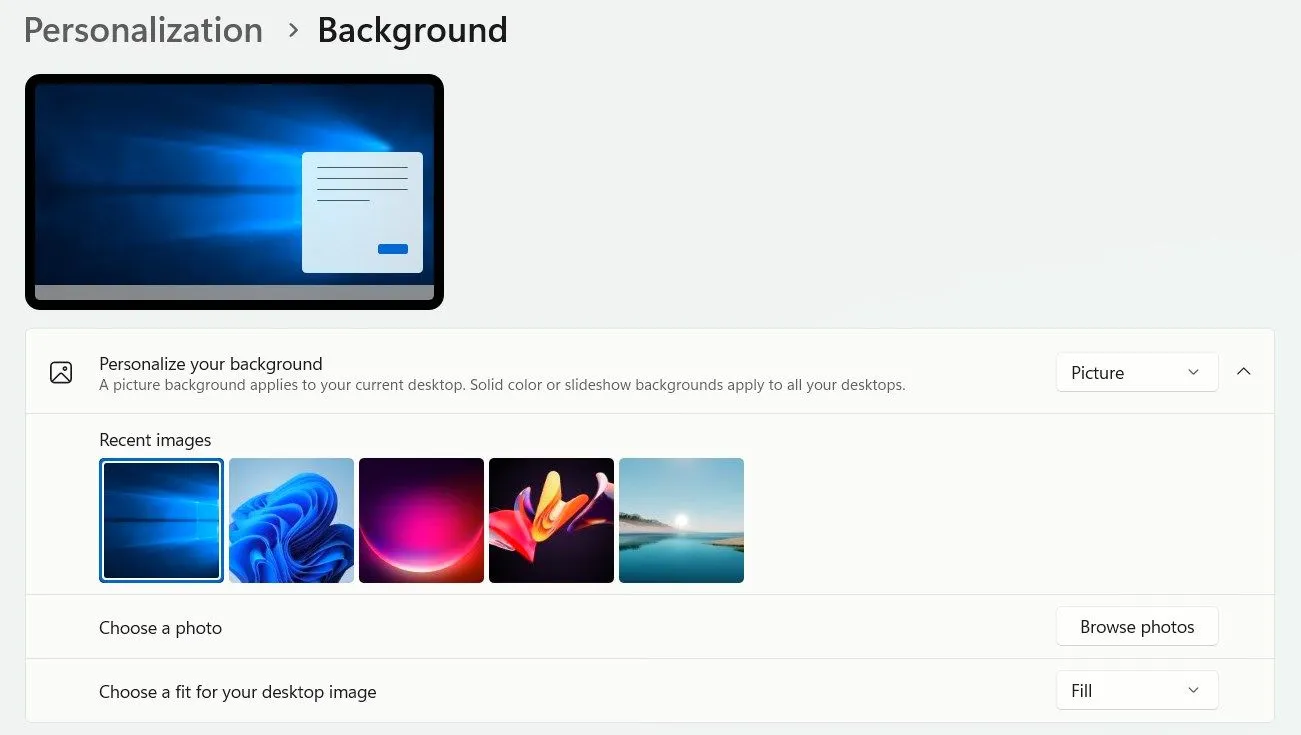 Màn hình Cài đặt hình nền trên Windows 11, minh họa cách chọn hình nền Windows 10.