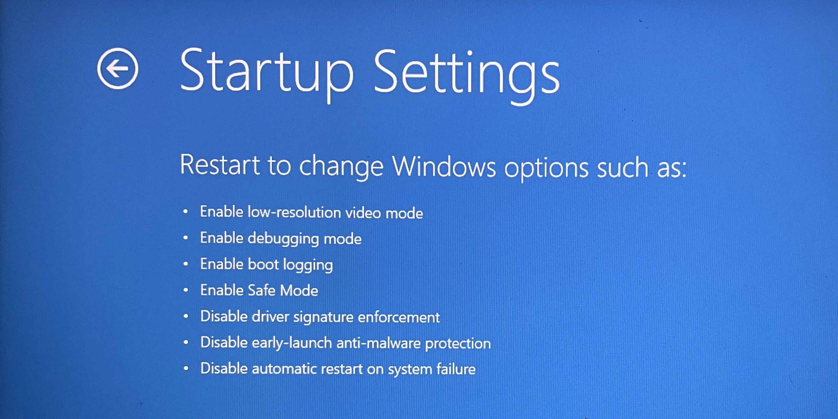 Màn hình Cài đặt Khởi động (Startup Settings) của Windows, hiển thị các chế độ khởi động đặc biệt như Safe Mode để chẩn đoán sự cố.