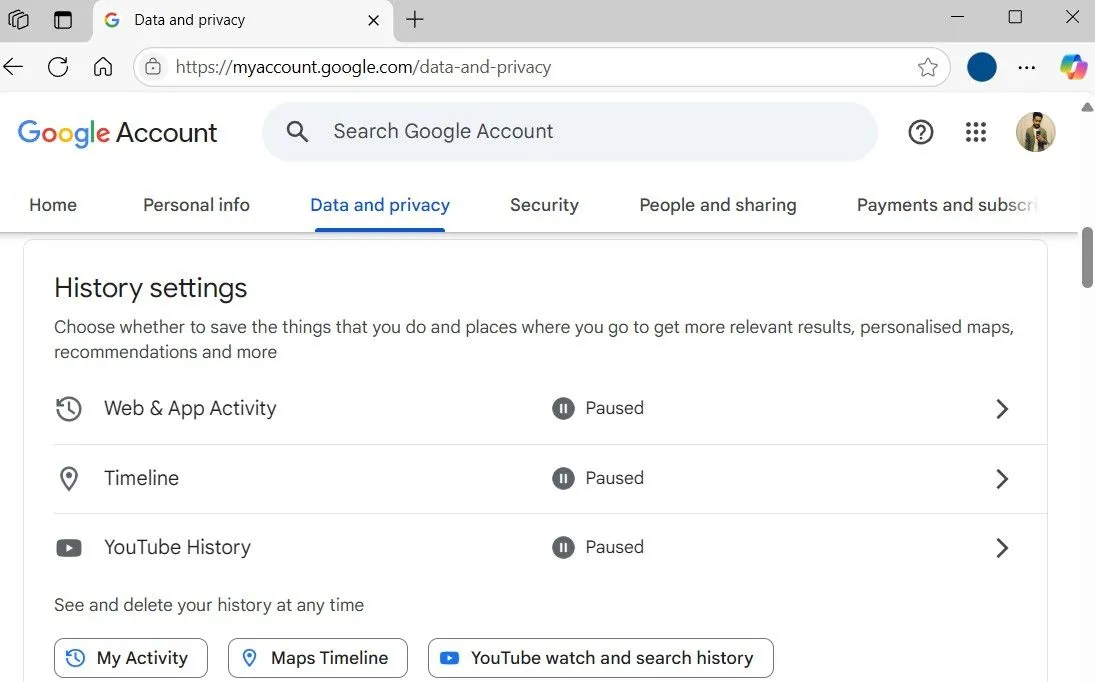 Màn hình cài đặt lịch sử tài khoản Google trên trình duyệt web, cho phép quản lý các hoạt động web, ứng dụng, vị trí và lịch sử YouTube