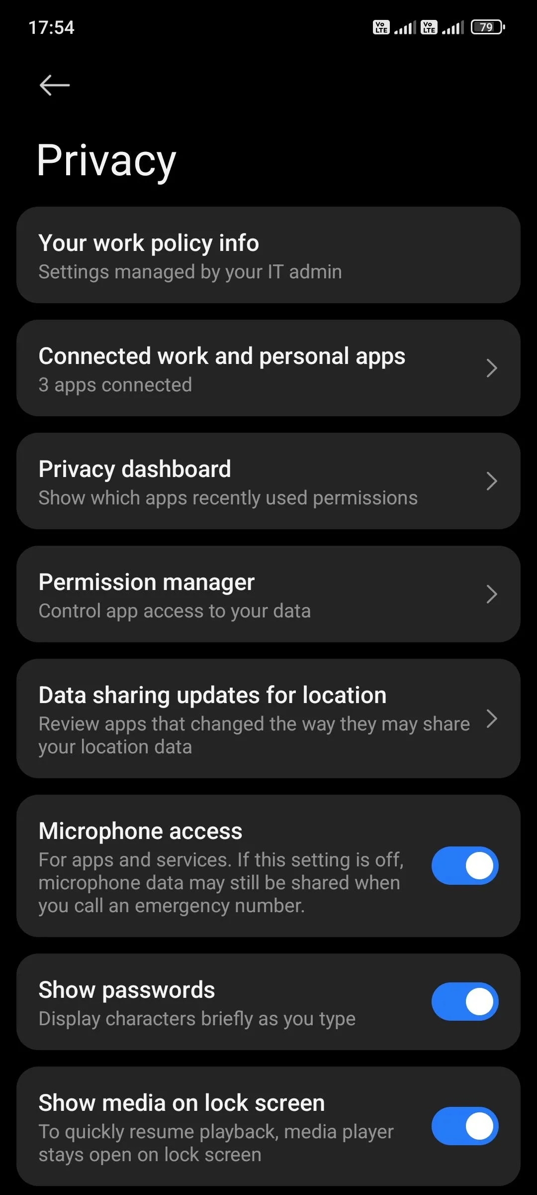 Màn hình cài đặt quyền riêng tư trên Android, hiển thị tùy chọn &quot;Trình quản lý quyền&quot; để người dùng kiểm soát các quyền truy cập ứng dụng.