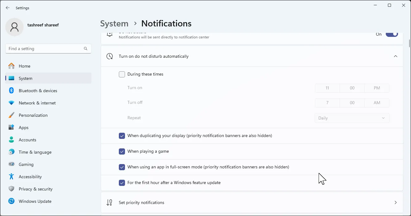 Màn hình cài đặt thông báo của Windows 11