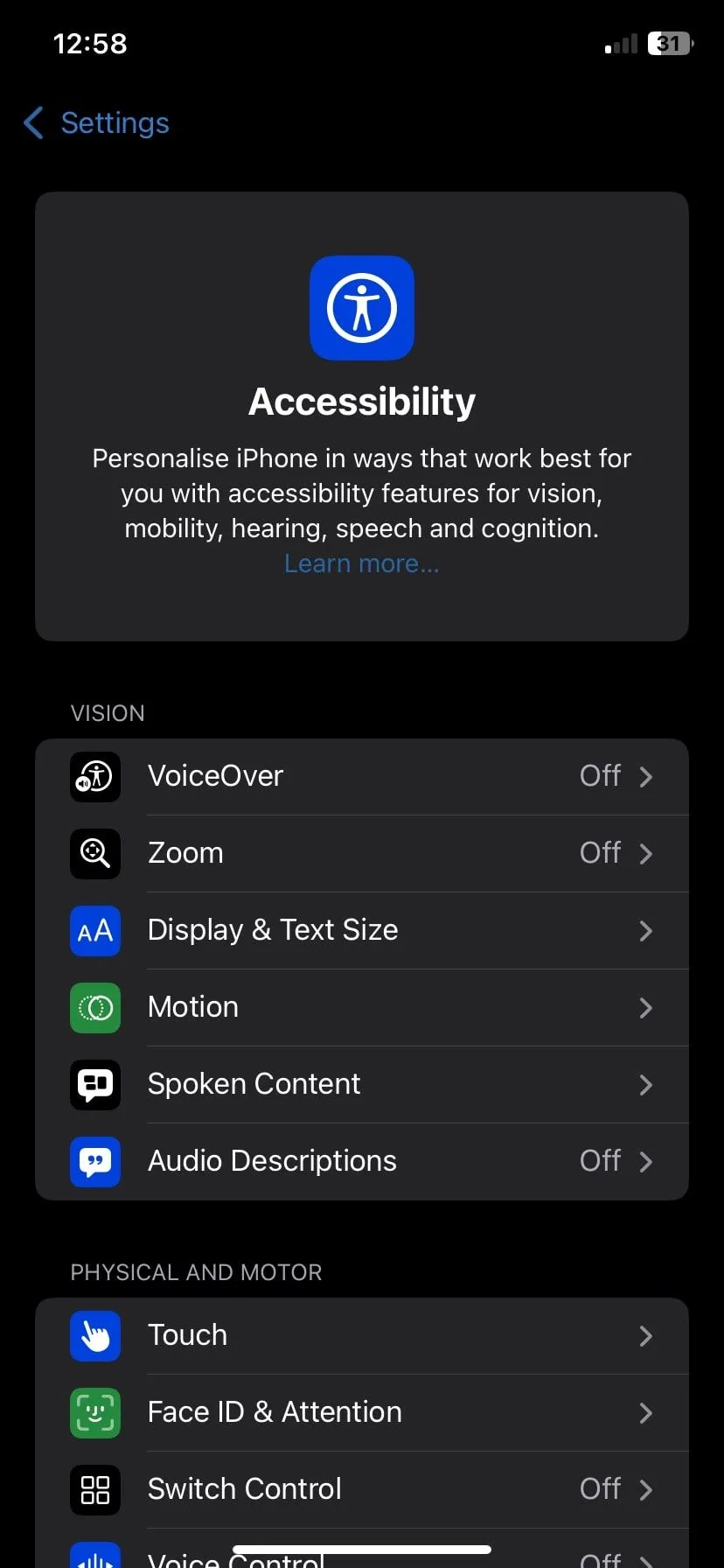 Màn hình cài đặt Trợ năng trên iPhone iOS