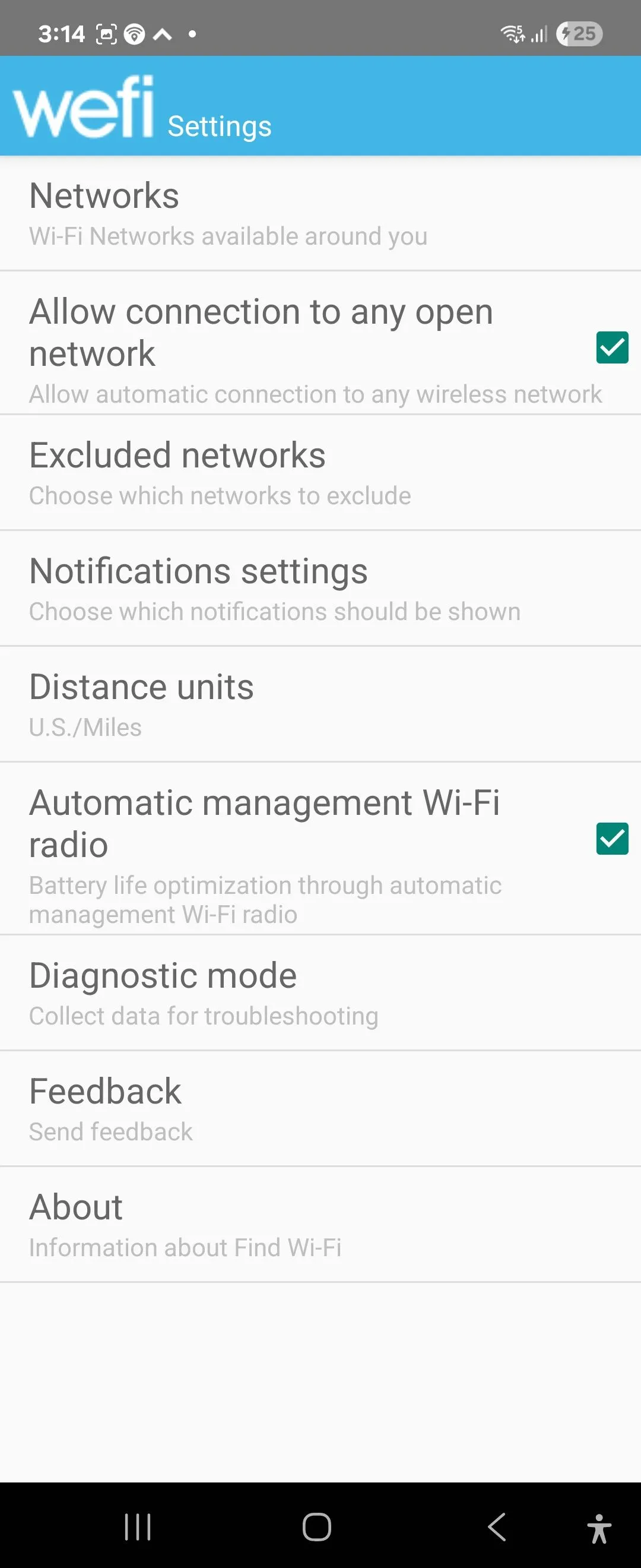 Màn hình cài đặt tùy chọn của ứng dụng WeFi trên điện thoại Android