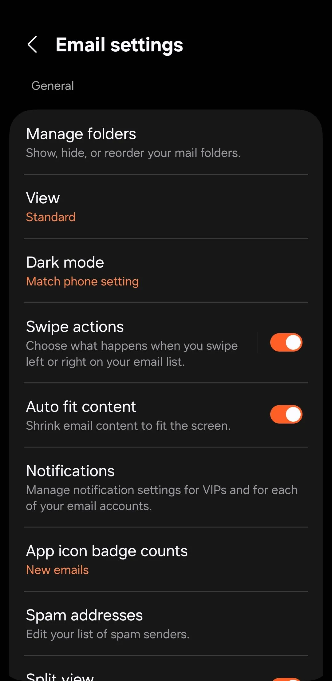 Màn hình cài đặt ứng dụng Samsung Email trên điện thoại Galaxy, hiển thị các tùy chọn cấu hình tài khoản và thông báo