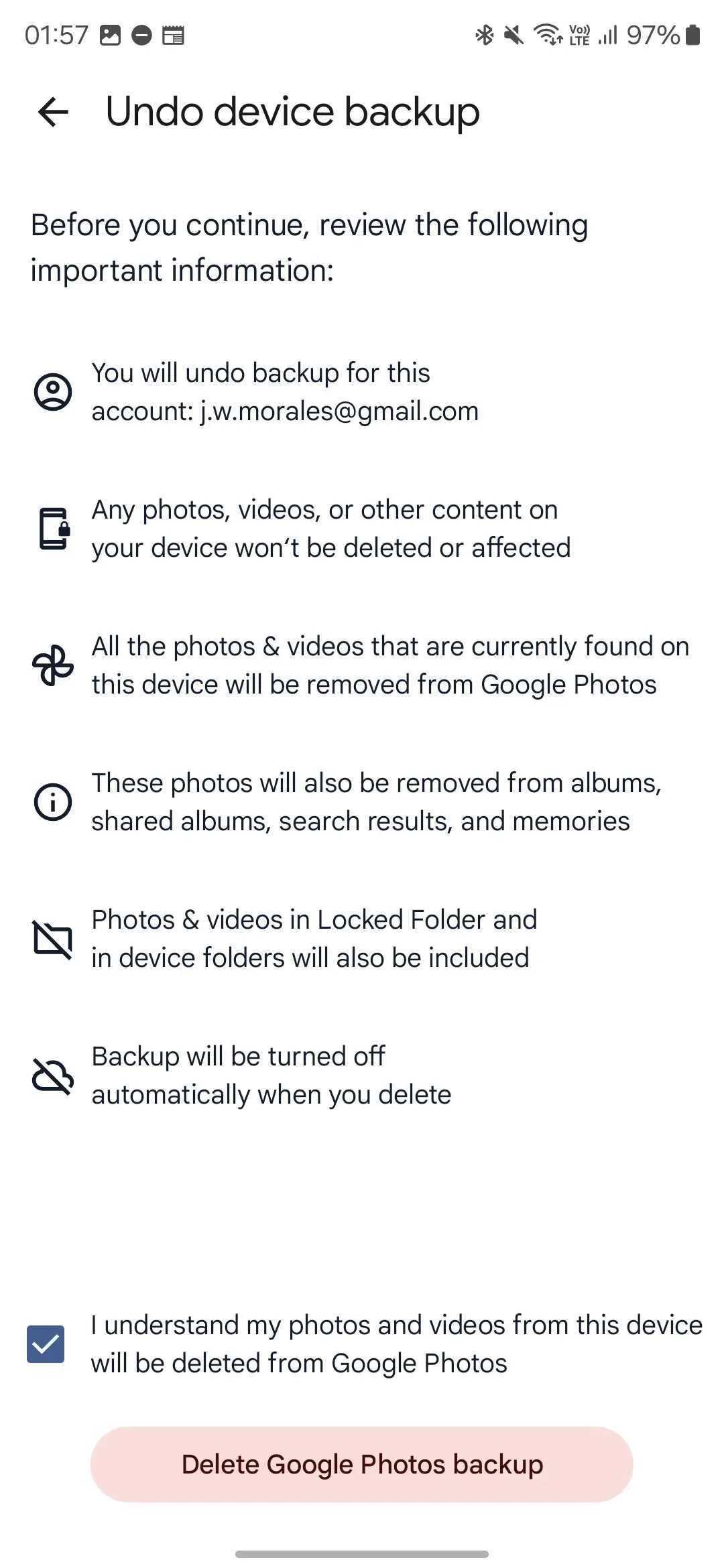 Màn hình cảnh báo khi hoàn tác sao lưu Google Photos, xác nhận xóa ảnh trên đám mây