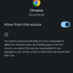 Màn hình cấp quyền "Cài đặt ứng dụng không rõ nguồn gốc" cho trình duyệt Chrome trên Android để tải RetroArch APK