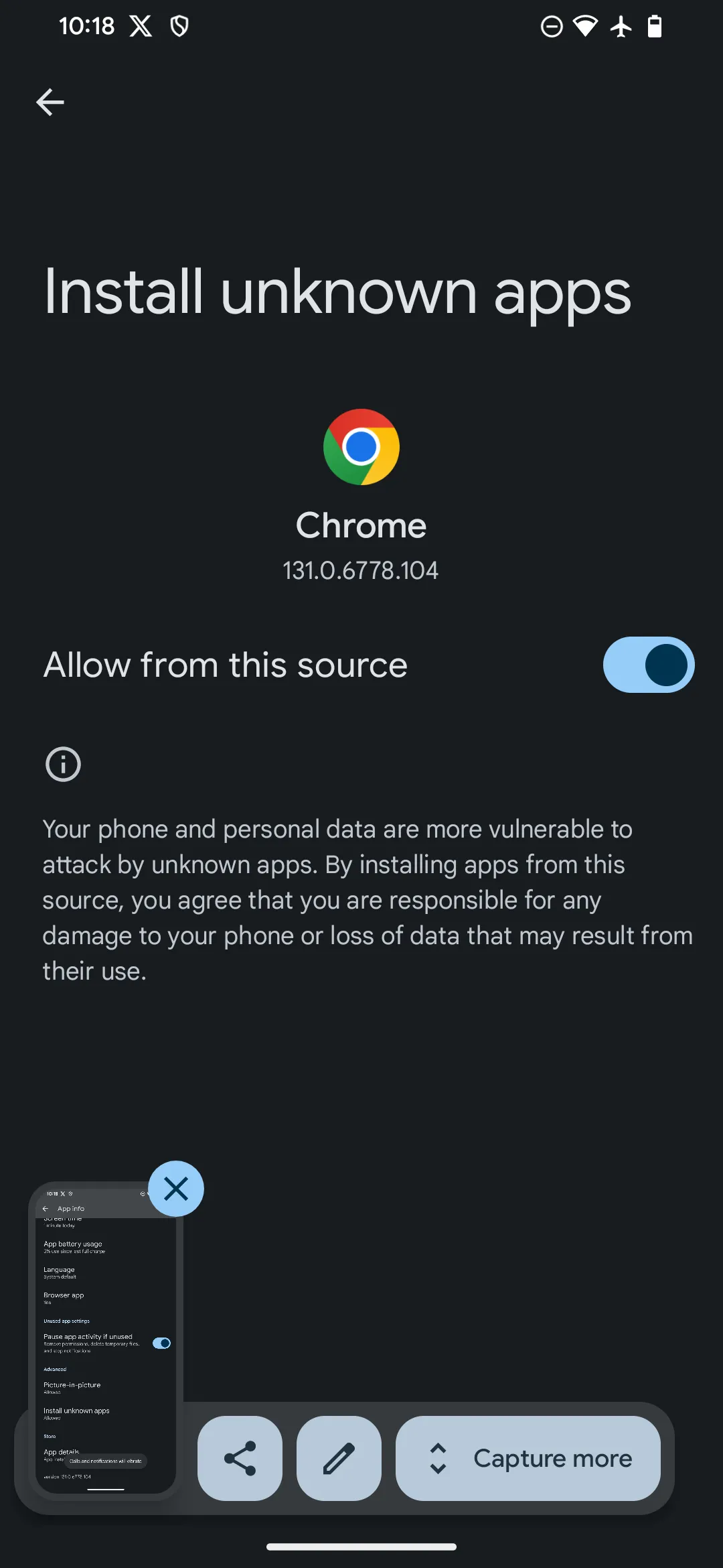 Màn hình cấp quyền "Cài đặt ứng dụng không rõ nguồn gốc" cho trình duyệt Chrome trên Android để tải RetroArch APK