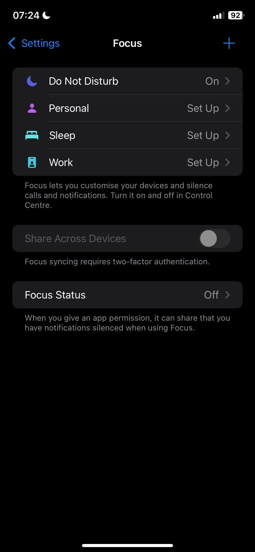 Màn hình Chế độ Tập trung Focus Mode trên iPhone hiển thị các tùy chọn mặc định