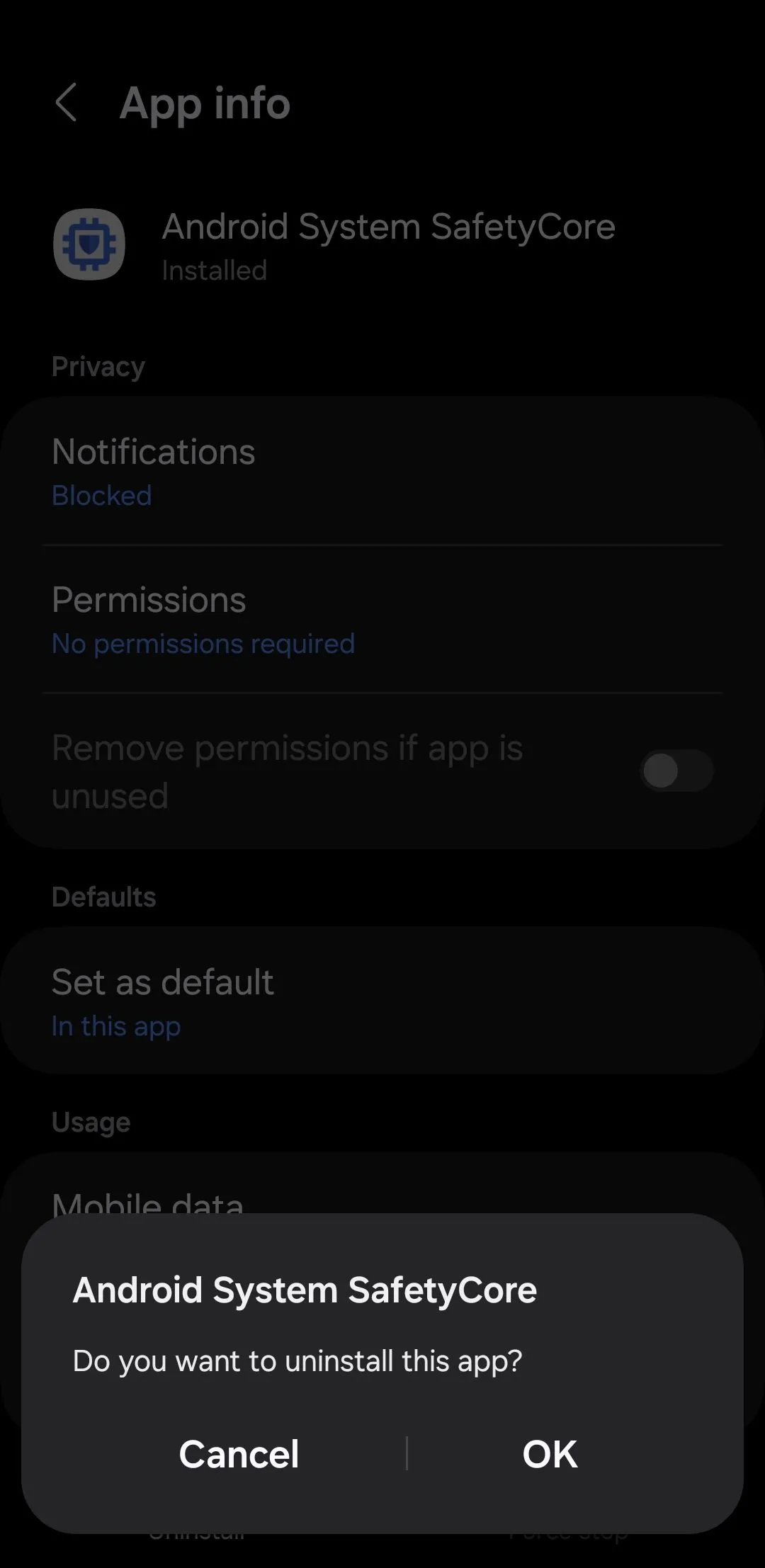 Màn hình chi tiết ứng dụng Android System SafetyCore với tùy chọn gỡ cài đặt trên Android