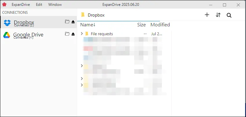 Màn hình chính ExpanDrive với trình duyệt lưu trữ trên Windows 11