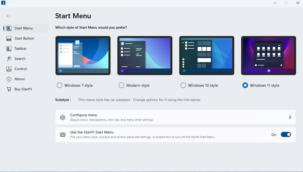 Màn hình chính Start11 với menu Start được tùy chỉnh, hiển thị các ứng dụng và thư mục ghim, mang lại trải nghiệm tối ưu Windows 11