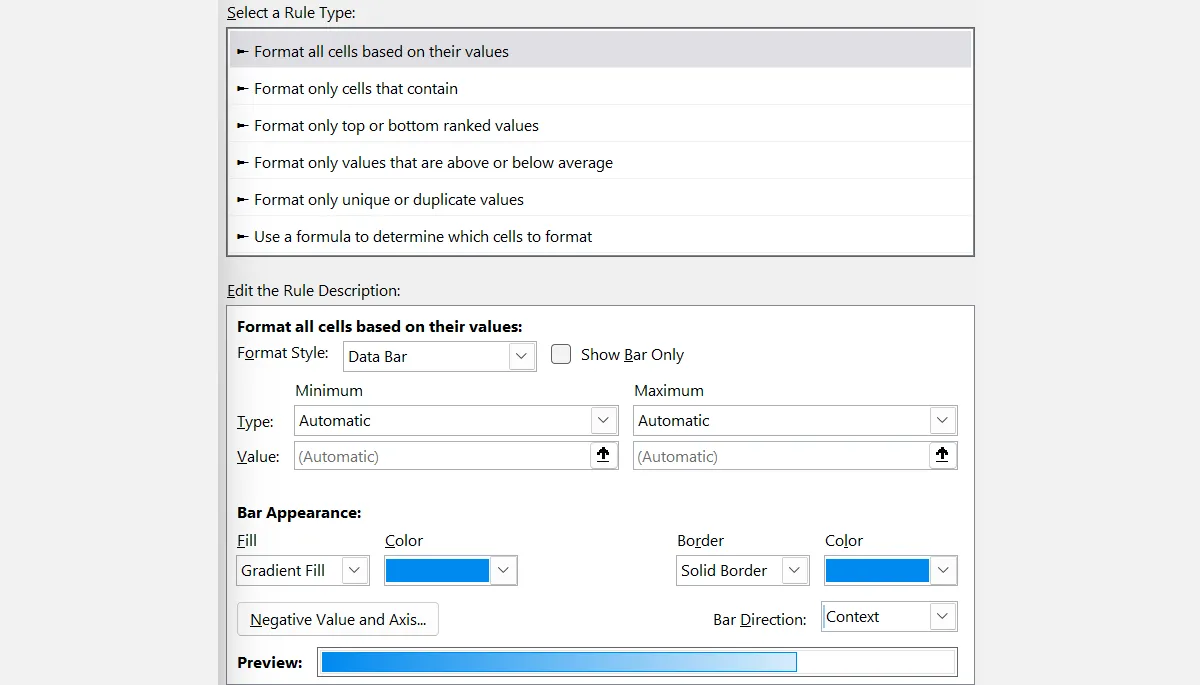 Màn hình chỉnh sửa các quy tắc định dạng Data Bars trong Microsoft Excel với các tùy chọn tùy chỉnh