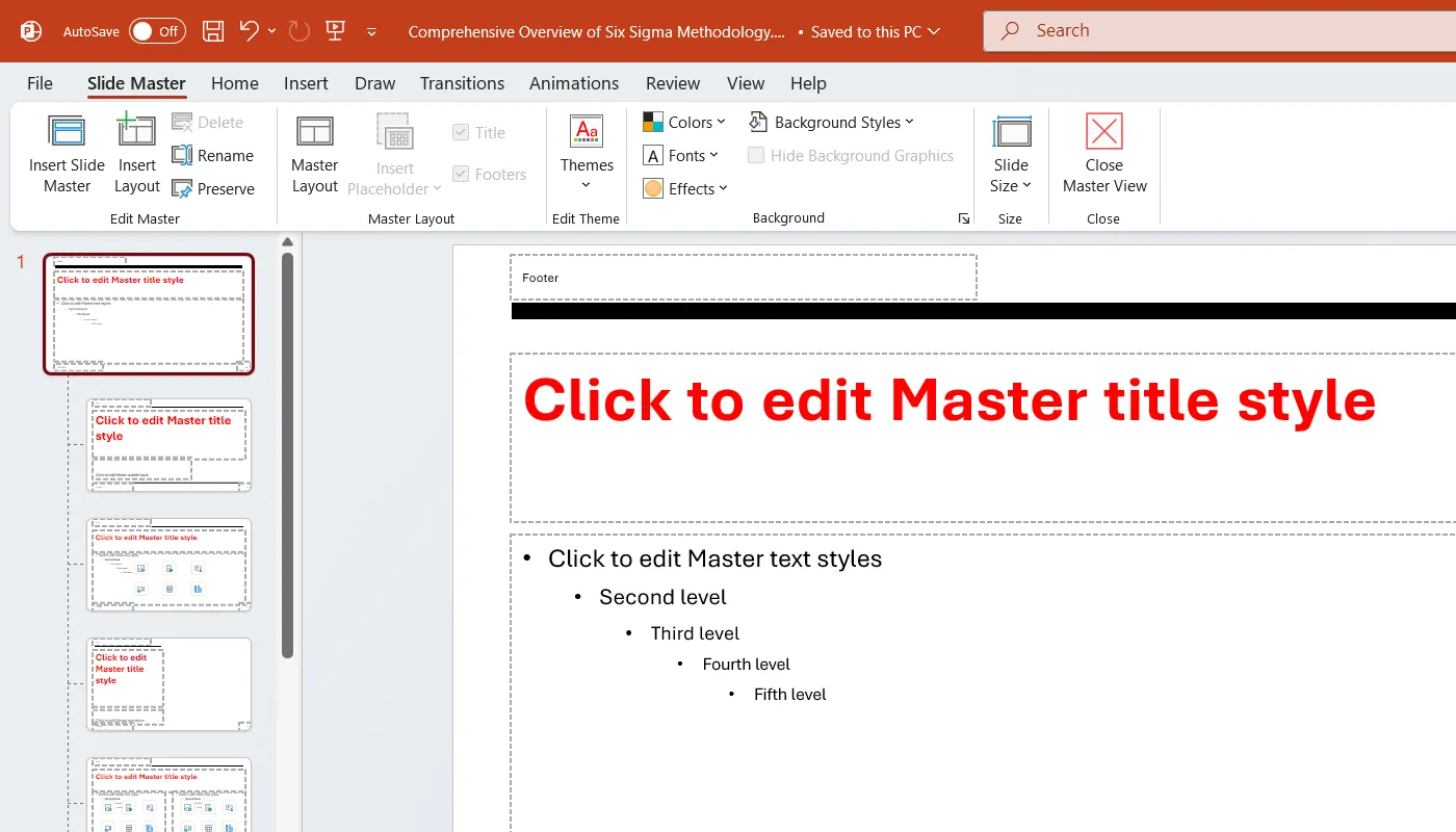 Màn hình chỉnh sửa Slide Master trong PowerPoint, hiển thị các slide master và layout để áp dụng thay đổi toàn bộ.