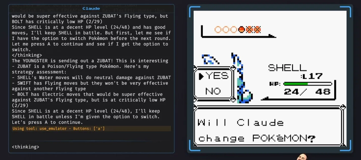 Màn hình Claude AI chơi Pokémon trên Twitch cùng cửa sổ hiển thị quá trình tư duy của chatbot