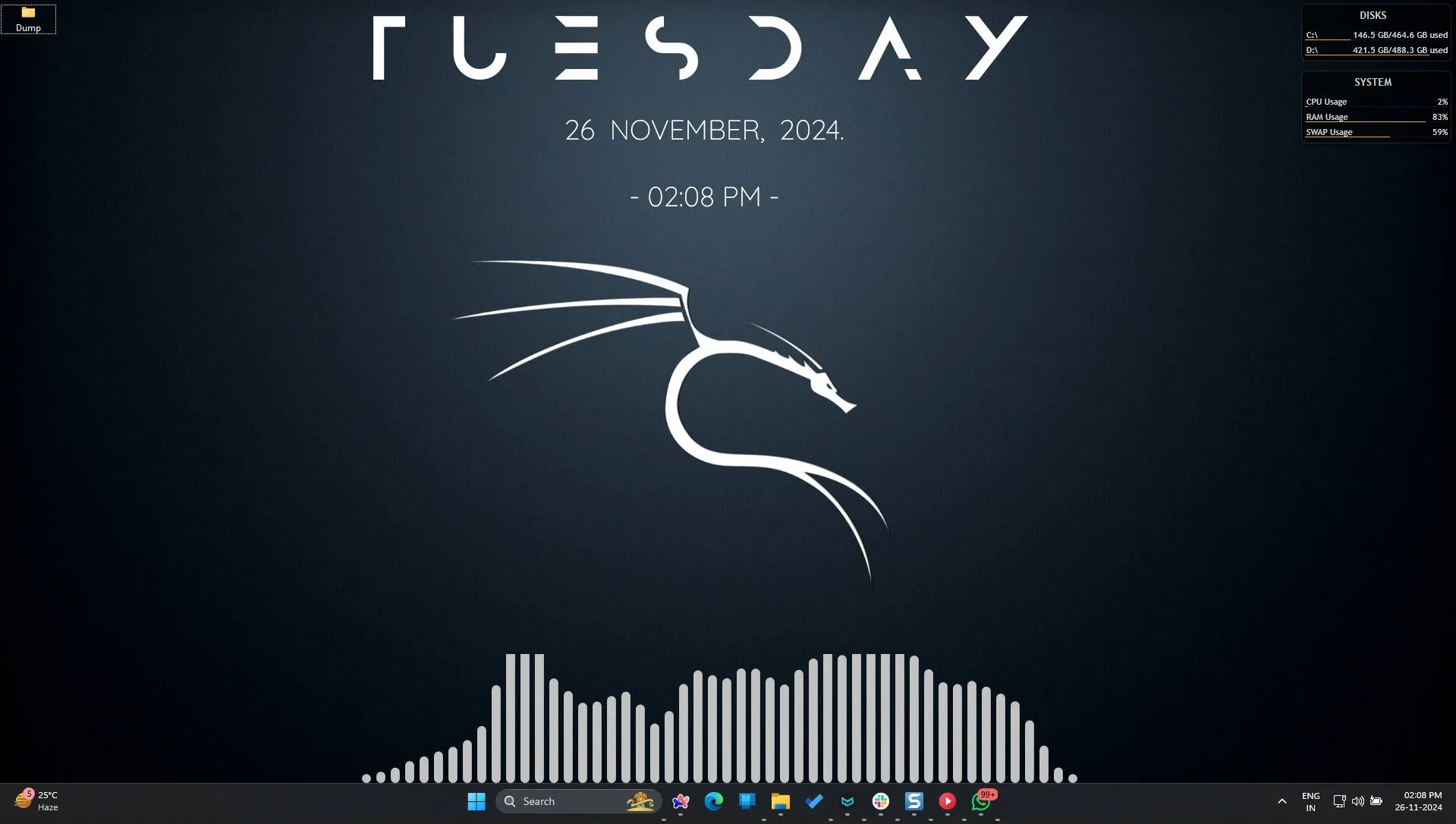 Màn hình desktop Windows 11 được tùy chỉnh với Rainmeter, hiển thị các widget và visualizer đẹp mắt.
