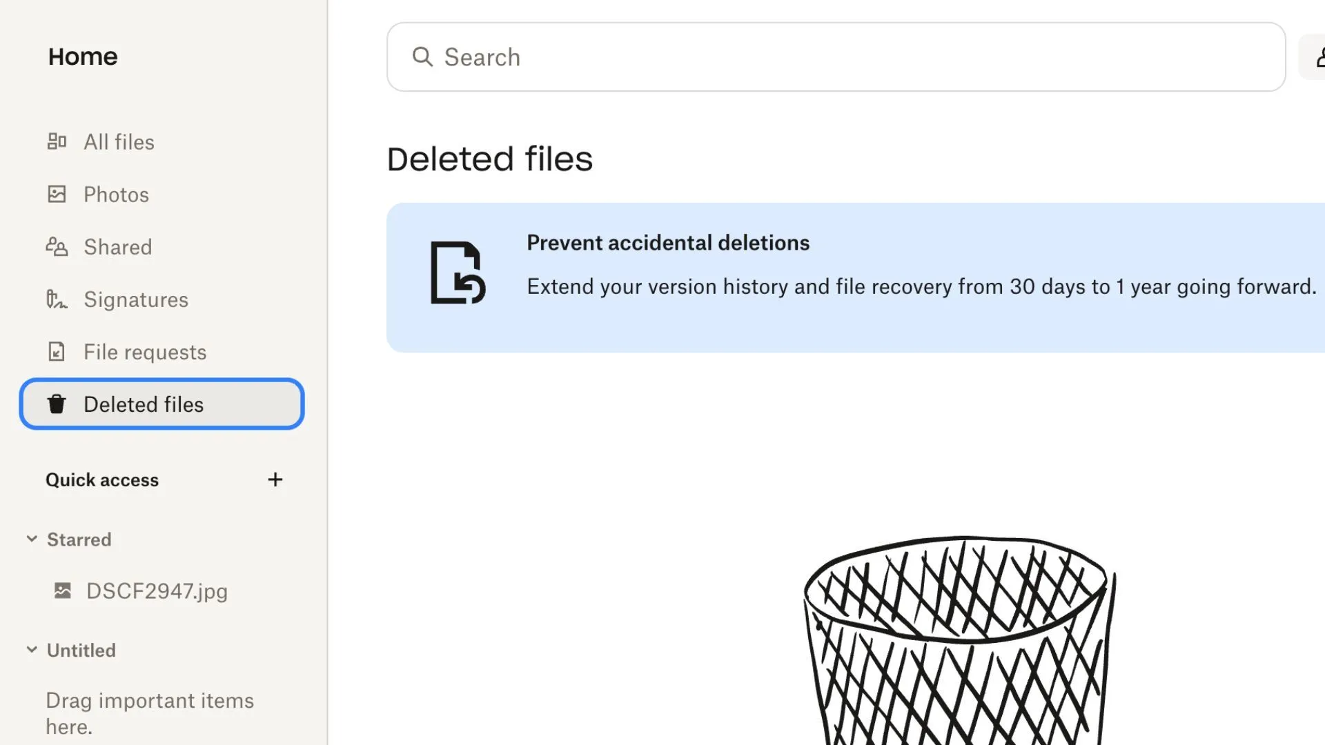 Màn hình Dropbox hiển thị các tệp đã xóa, minh họa giới hạn thời gian khôi phục dữ liệu 30 ngày cho tài khoản miễn phí.