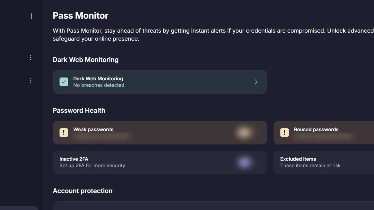 Màn hình Giám sát Dark Web của Proton Pass hiển thị trạng thái không có dữ liệu bị rò rỉ.