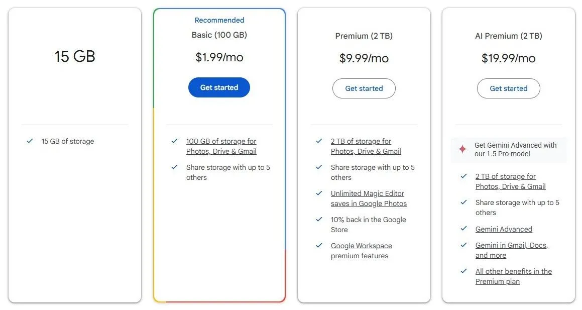 Màn hình hiển thị các gói dịch vụ và mức giá của Google One, cho thấy sự lựa chọn lưu trữ đám mây thay thế iCloud