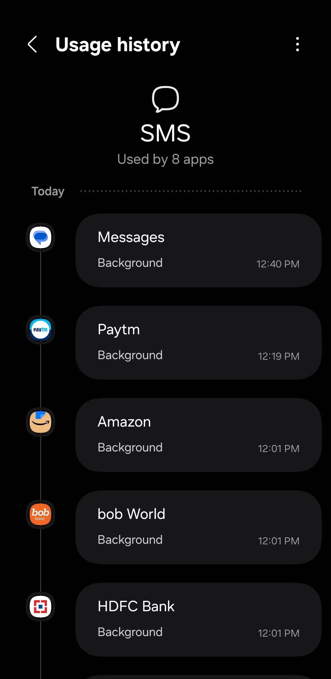 Màn hình hiển thị các ứng dụng đã truy cập quyền SMS trong mục &quot;Quyền đã sử dụng trong 24 giờ qua&quot; trên điện thoại Samsung.