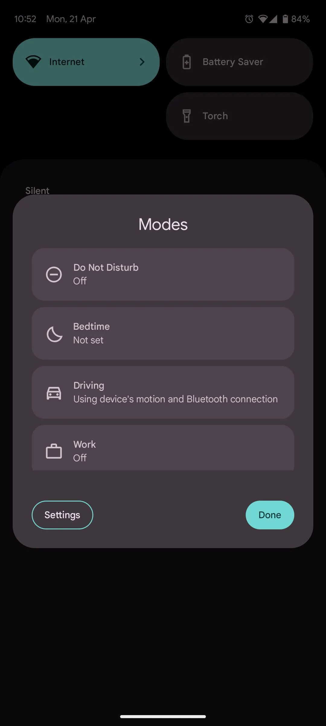 Màn hình hiển thị nút truy cập nhanh Chế độ Modes trong thanh thông báo trên Google Pixel.