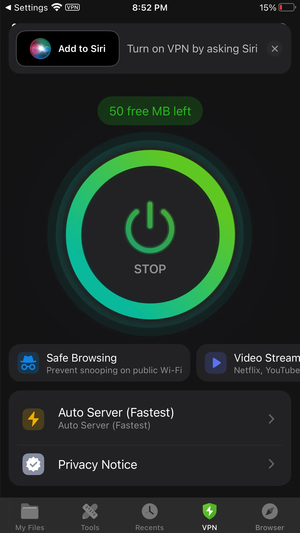 Màn hình hiển thị tính năng VPN trong ứng dụng Documents trên iPhone, cung cấp bảo mật kết nối
