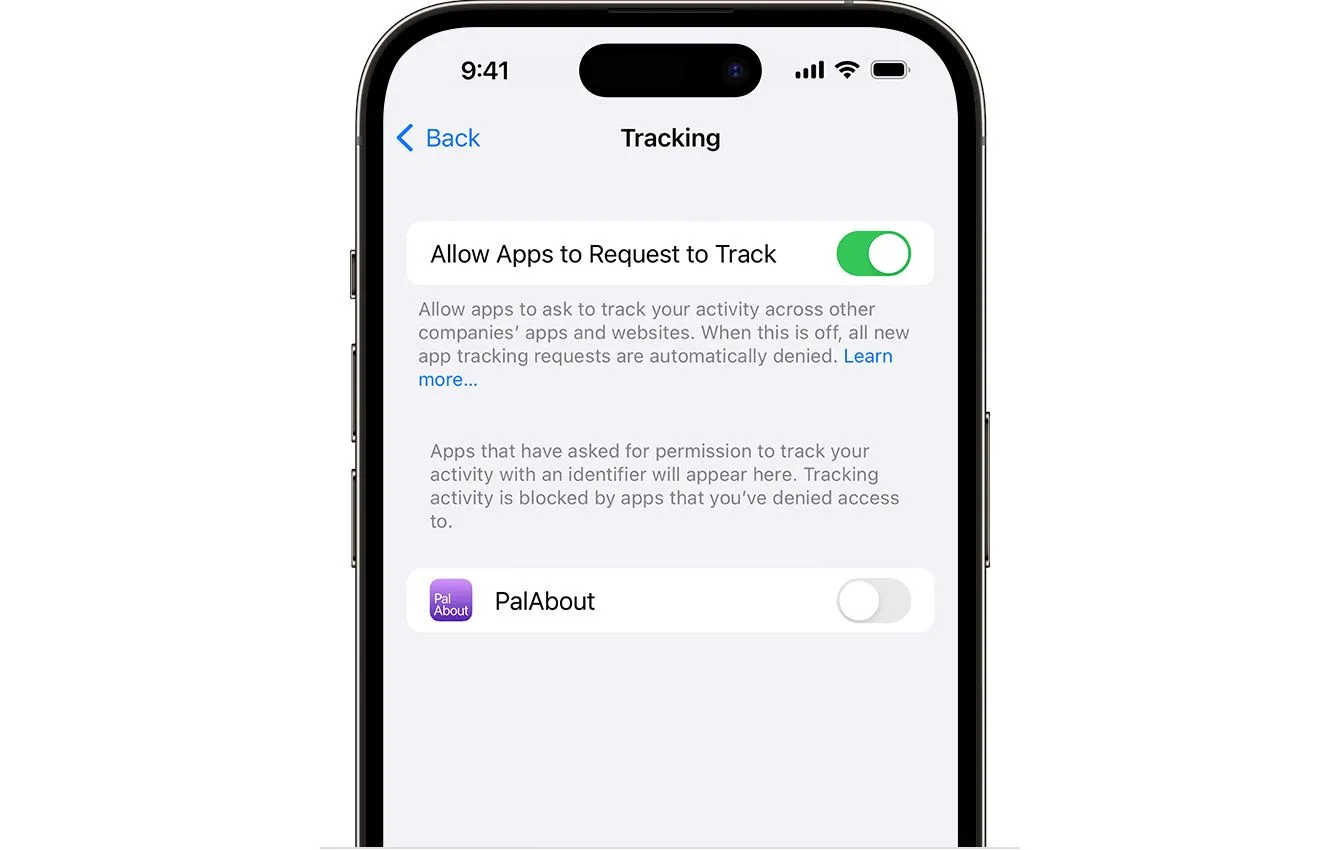 Màn hình hộp thoại hỏi quyền theo dõi ứng dụng trên iPhone.