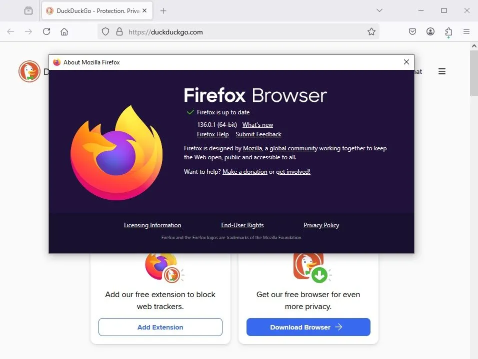 Màn hình hướng dẫn cập nhật Mozilla Firefox trong phần About Firefox