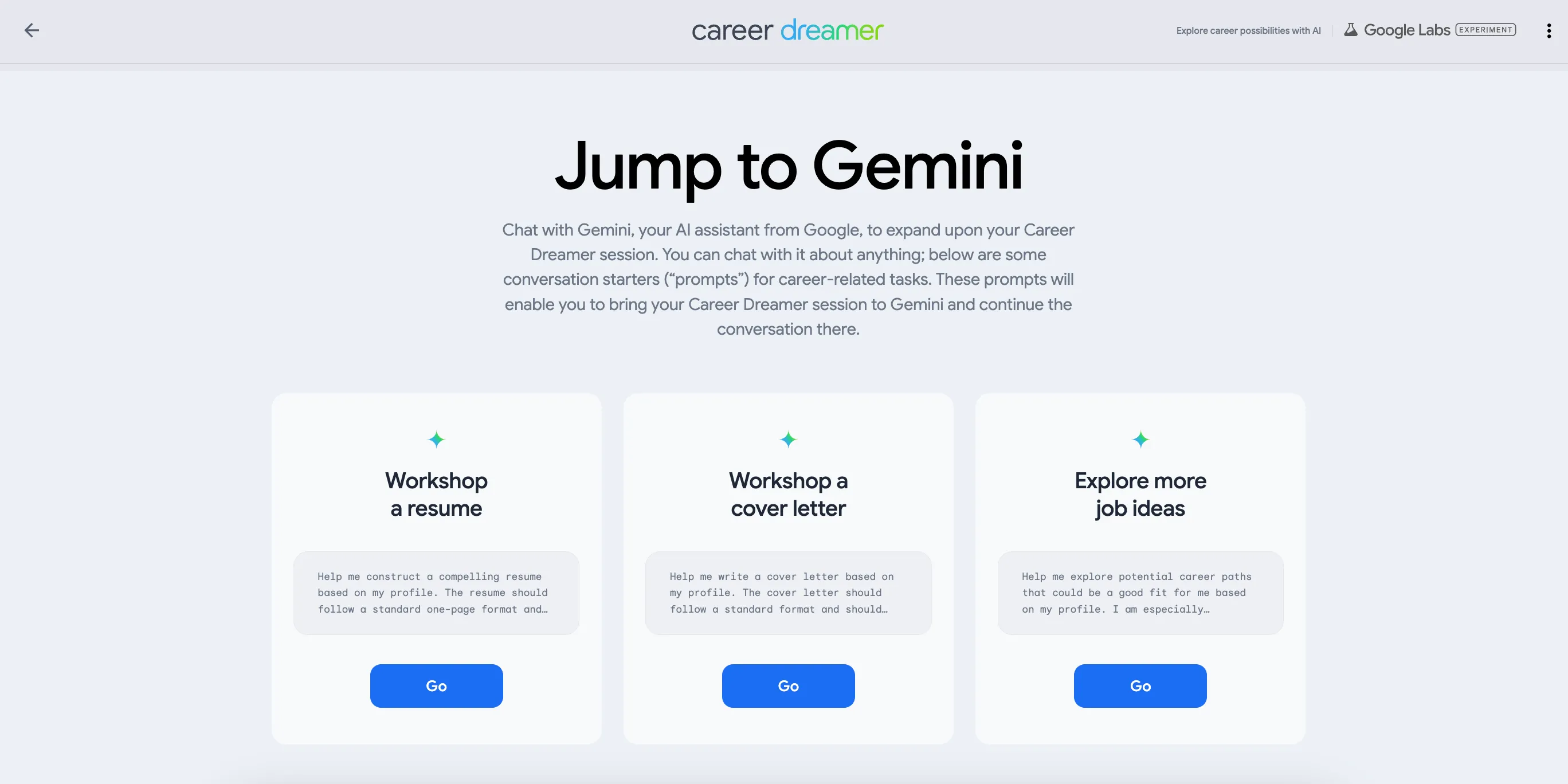 Màn hình &quot;Jump to Gemini&quot; trong Google Career Dreamer, kết nối với Gemini AI để hỗ trợ soạn thảo CV và thư xin việc hiệu quả.