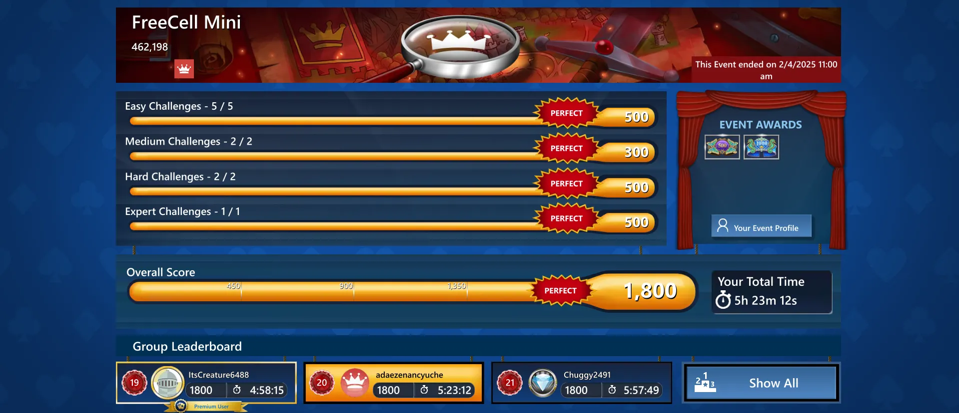 Màn hình kết quả một sự kiện hàng ngày trong Microsoft Solitaire trên máy tính