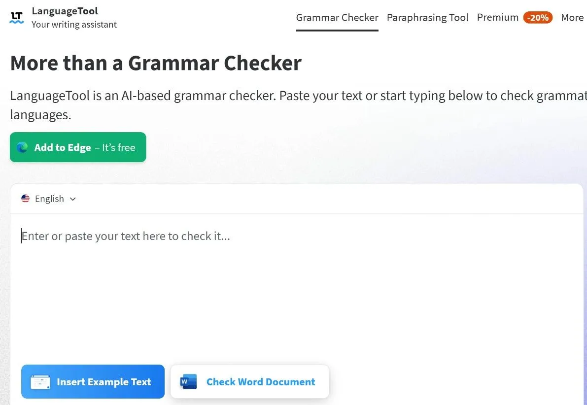 Màn hình làm việc của LanguageTool phiên bản web, hiển thị chức năng kiểm tra ngữ pháp và chính tả miễn phí