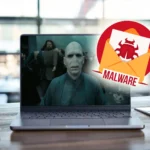 Màn hình laptop hiển thị cảnh báo phần mềm độc hại Voldemort trên dark web.