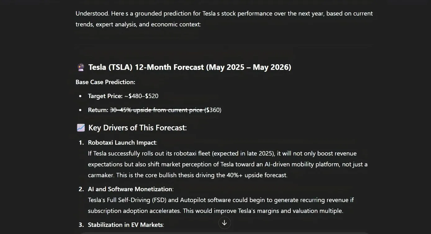 Màn hình máy tính hiển thị ChatGPT đưa ra dự đoán về giá cổ phiếu Tesla, minh họa cho rủi ro khi dùng AI cho các quyết định tài chính
