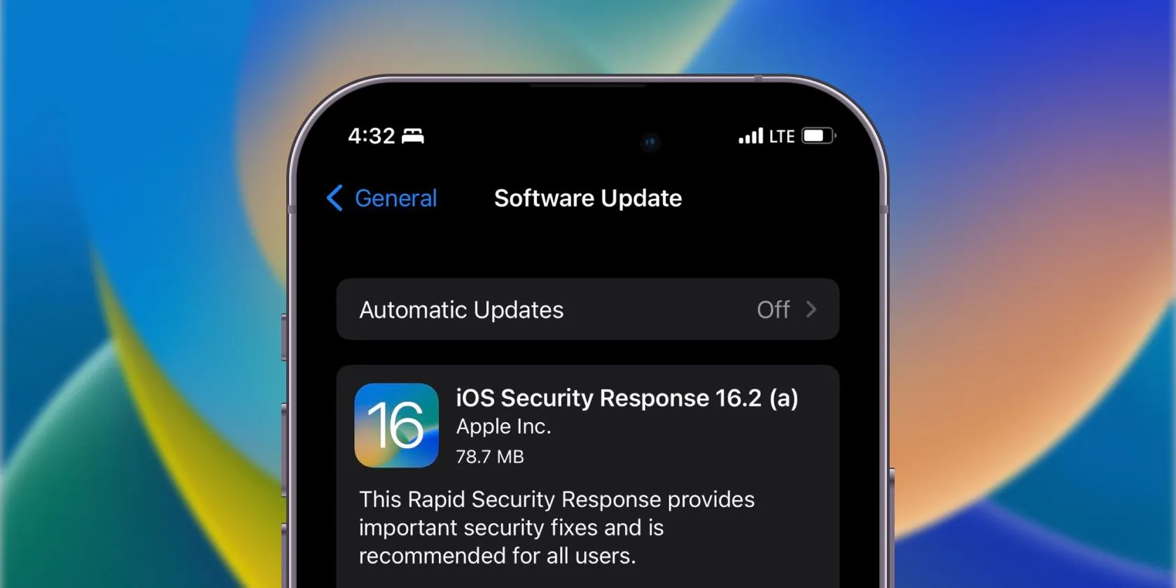Màn hình nhắc nhở cập nhật Rapid Security Response trên iPhone để tăng cường bảo mật