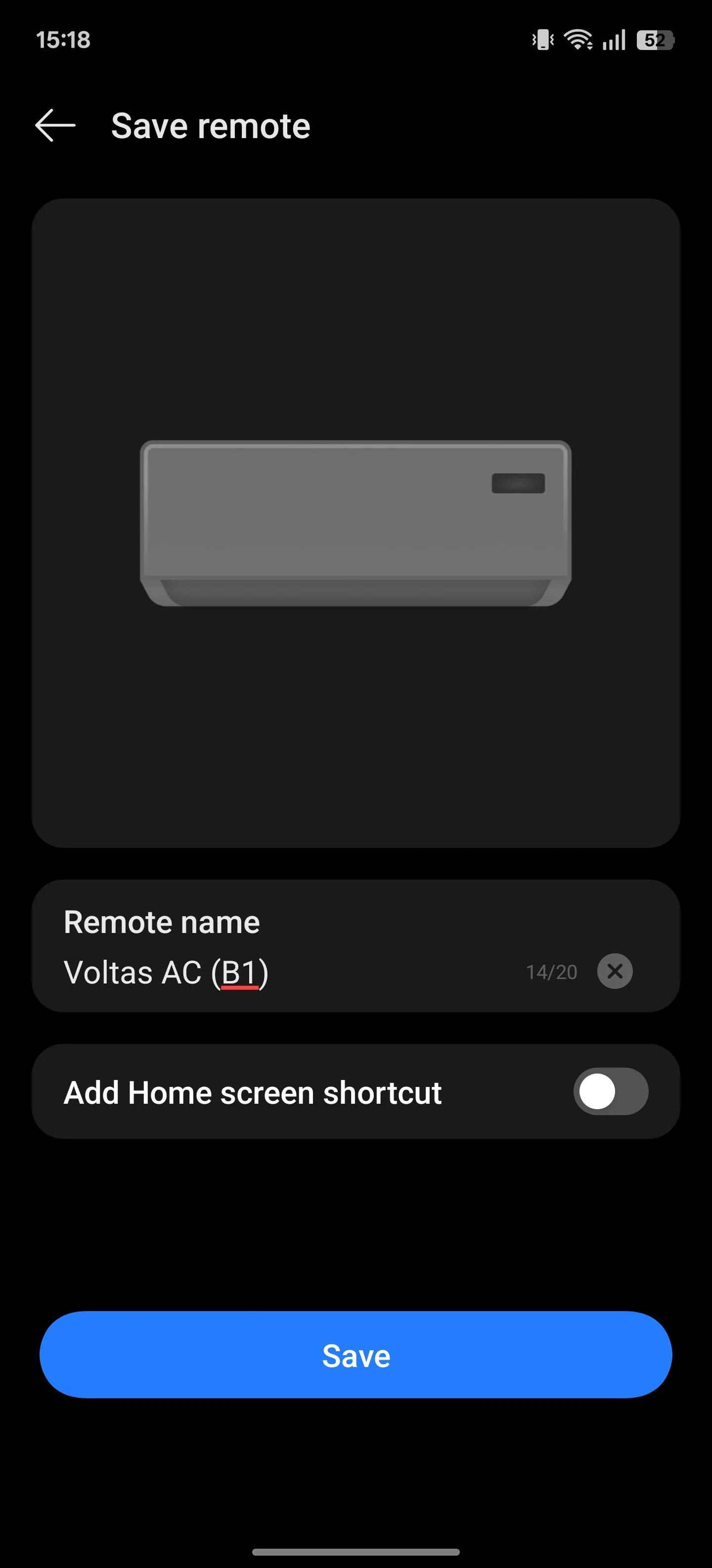 Màn hình nhập tên điều khiển từ xa trong ứng dụng IR Remote để lưu lại