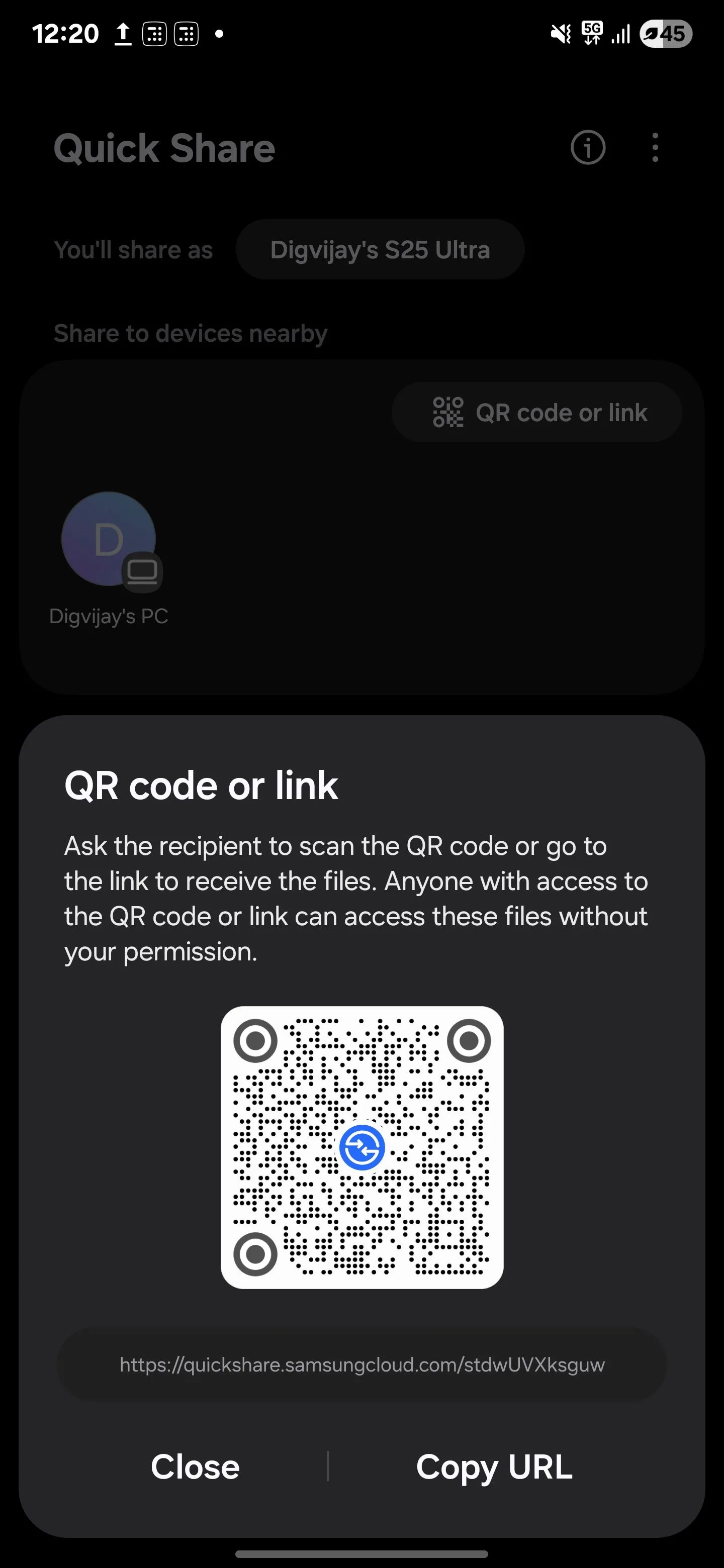 Màn hình Quick Share cho phép tạo liên kết hoặc mã QR để chia sẻ tệp tin linh hoạt