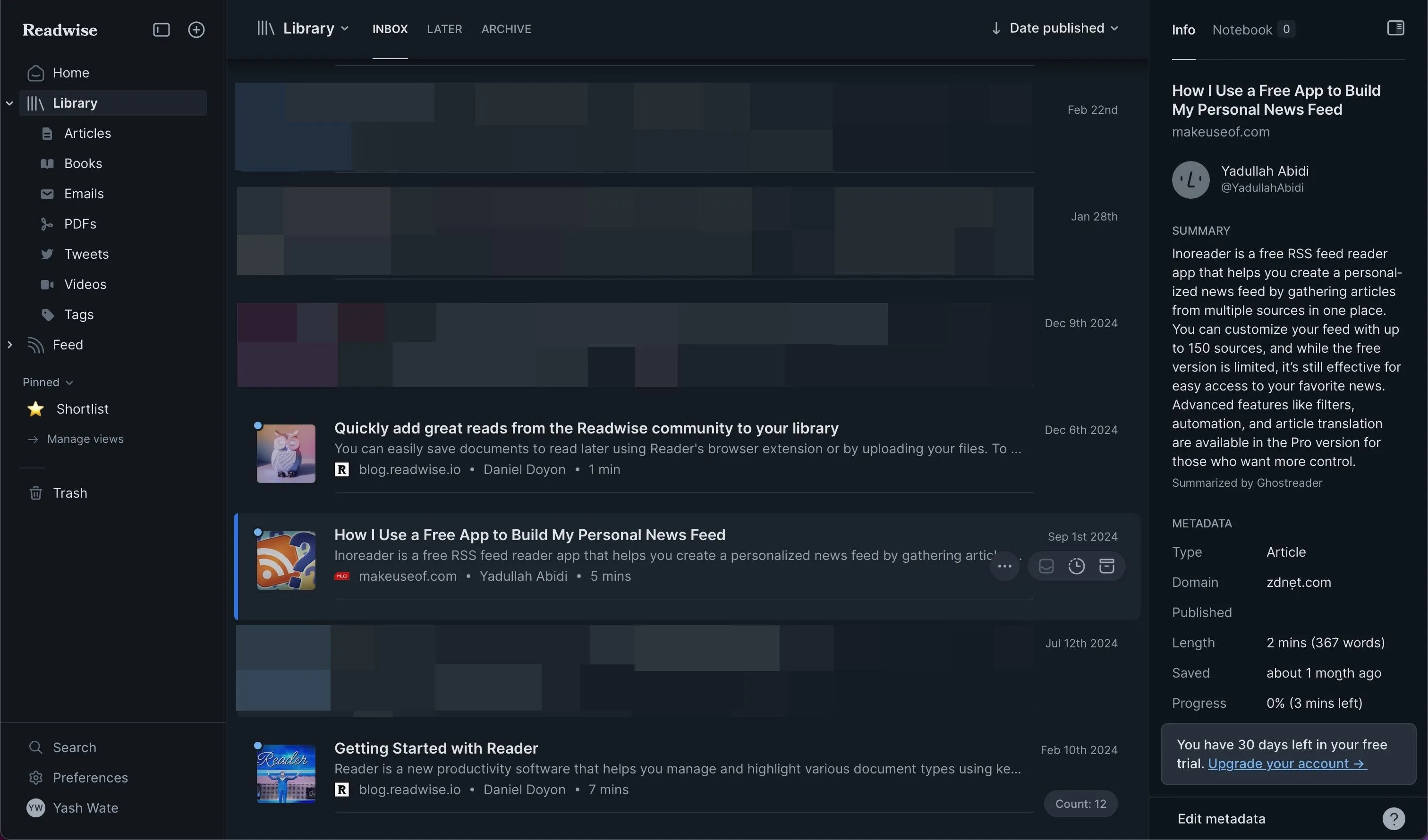 Màn hình Readwise Reader trên trình duyệt Safari với tính năng highlight và ghi chú bài viết đang mở.