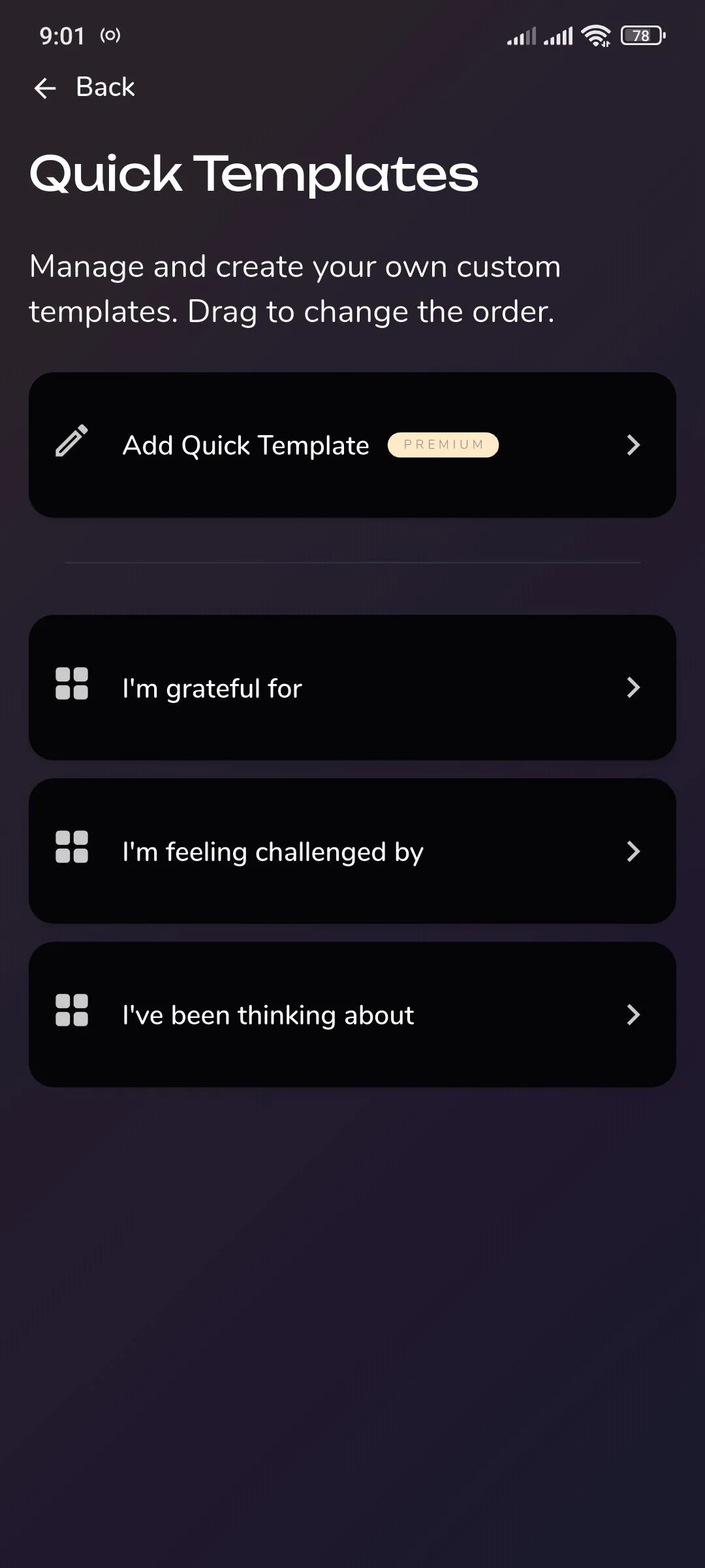 Màn hình Reflection.app hiển thị các mẫu gợi ý nhanh và tùy chọn thêm mẫu mới (chỉ Premium).