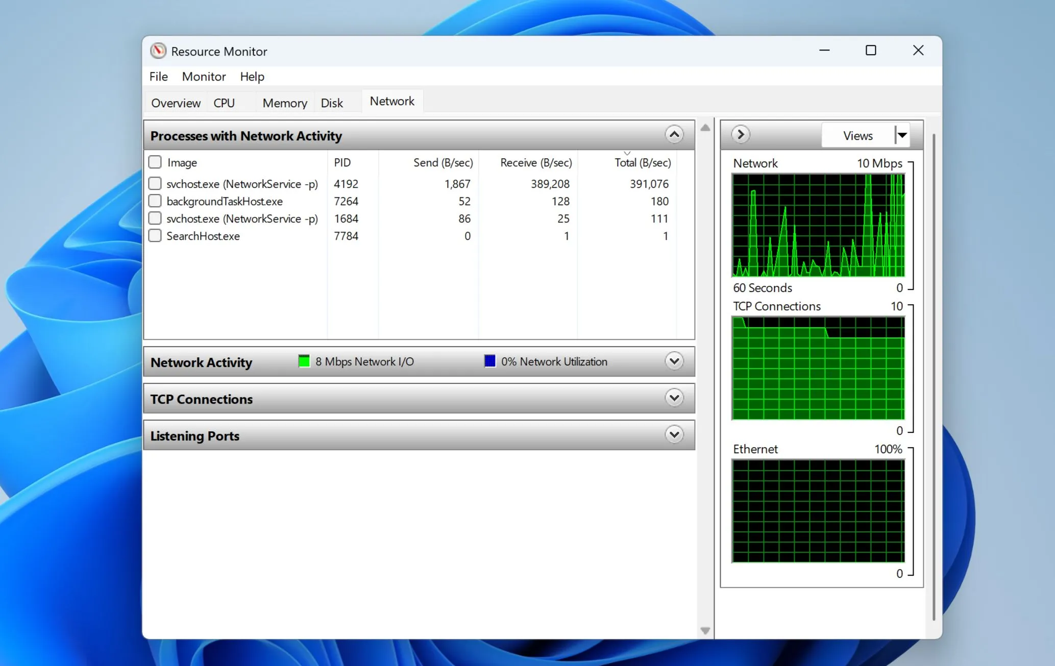 Màn hình Resource Monitor trên Windows 11 hiển thị chi tiết mức sử dụng mạng và các quy trình đang hoạt động